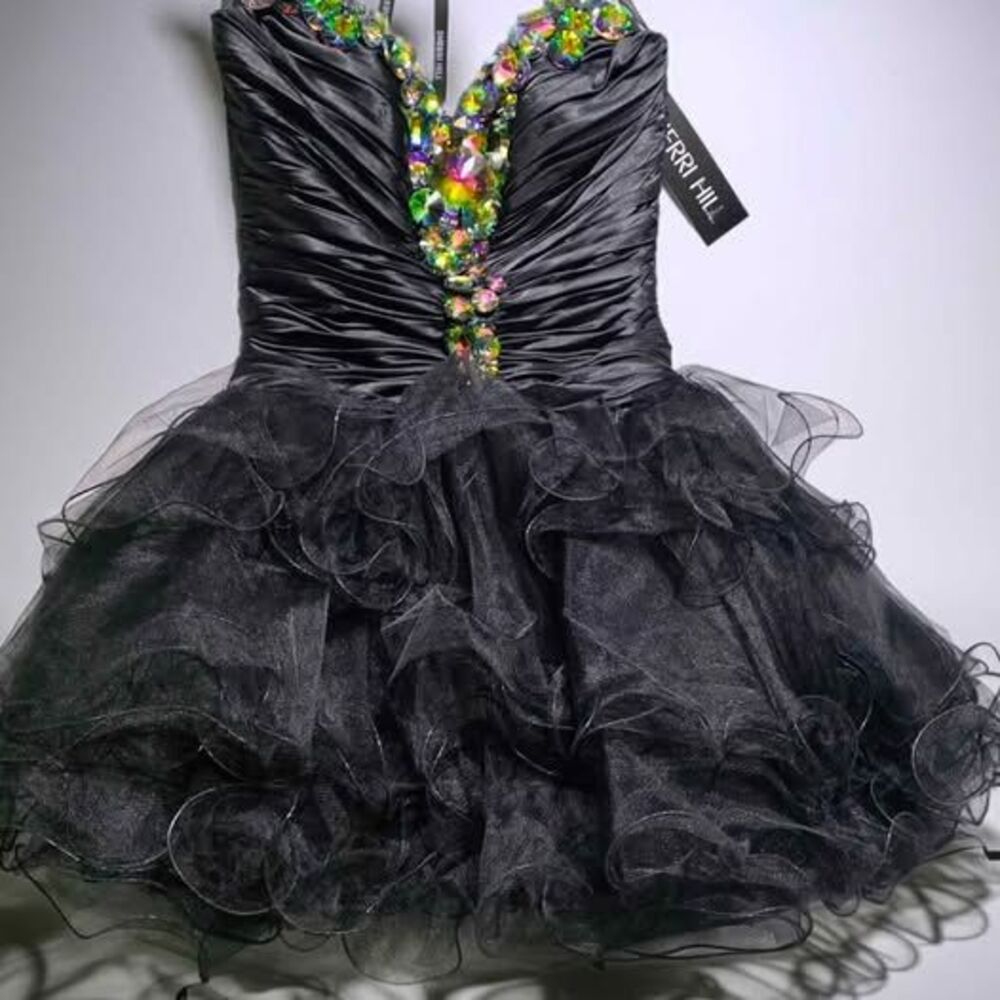 Sherri Hill Black Strapless Ruched Ruffle Jeweled Dress Size 2
